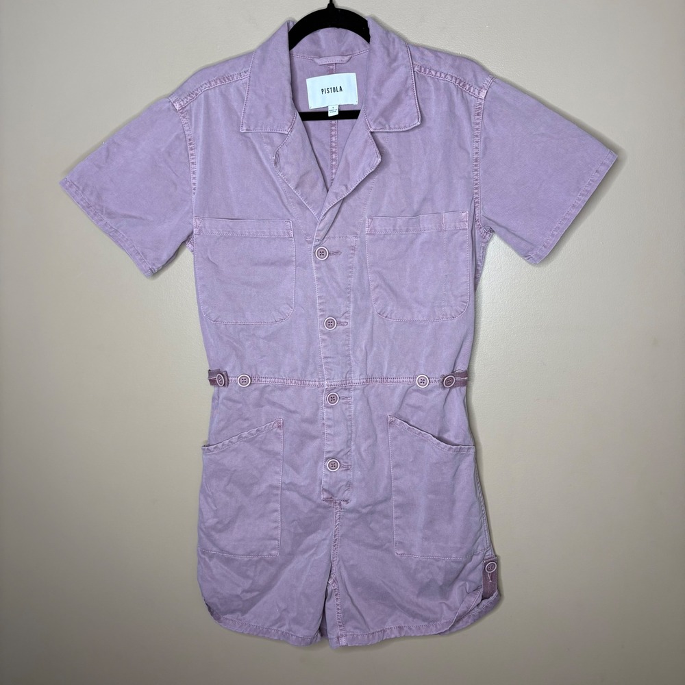 Pistola Parker Short Sleeve Romper Lilac Purple Cotton Size S Utility Chic - Picture 2 of 7